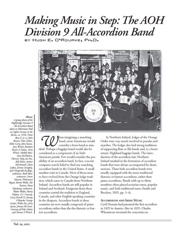 Page 1 of article: " Making Music in Step - The AOH Division 9 All-Accordian Band", from Volume V25 of the New York Irish History Roundtable Journal