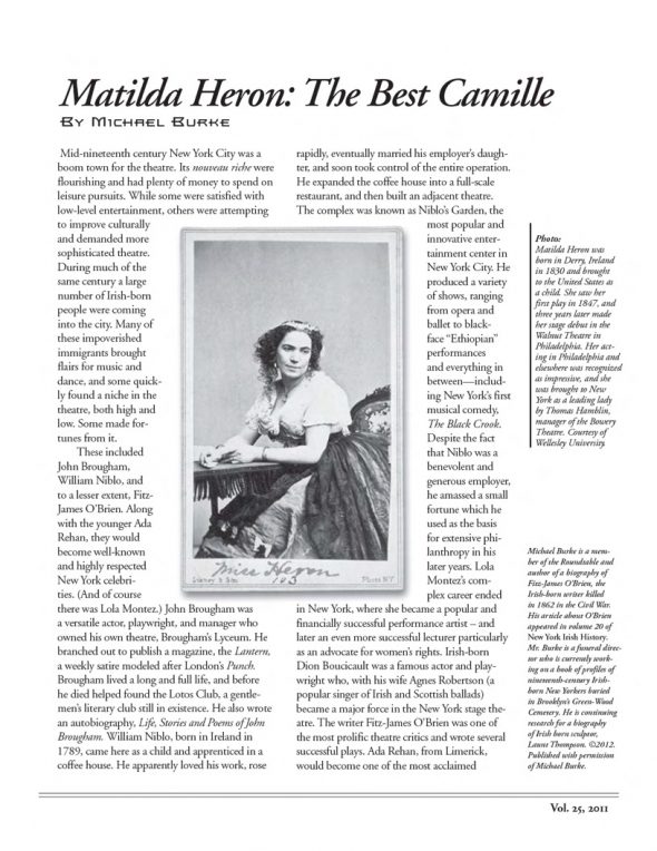 Page 1 of article: " Matilda Heron - The Best Camille", from Volume V25 of the New York Irish History Roundtable Journal