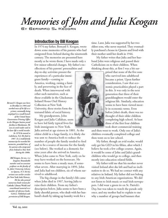 Page 1 of article: " Memories of John and Julia Keogan", from Volume V25 of the New York Irish History Roundtable Journal
