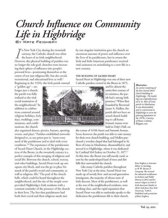 Page 1 of article: " Church Influence on Community Life in Highbridge", from Volume V25 of the New York Irish History Roundtable Journal