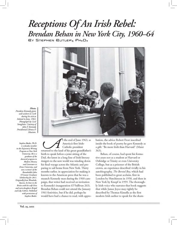Page 1 of article: " Receptions of An Irish Rebel - Brendan Behan in New York City", from Volume V25 of the New York Irish History Roundtable Journal