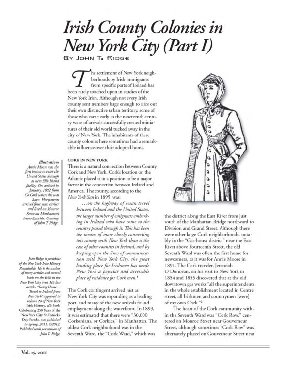 Page 1 of article: " Irish County Colonies in New York City (Part I)", from Volume V25 of the New York Irish History Roundtable Journal