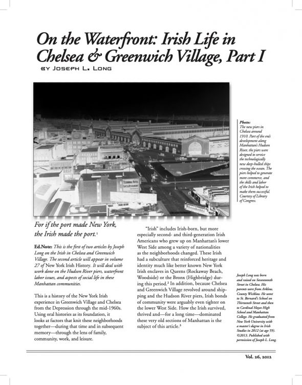 Page 1 of article: " On the Waterfront - Irish Life in Chelsea & Greenwich Village, Part I", from Volume V26 of the New York Irish History Roundtable Journal