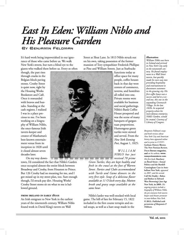Page 1 of article: " East in Eden - William Niblo & His Pleasure Garden", from Volume V26 of the New York Irish History Roundtable Journal