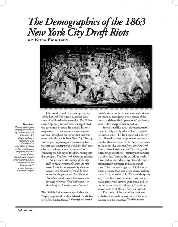 Page 1 of article: " The Demographics of the 1863 New York City Draft Riots", from Volume V26 of the New York Irish History Roundtable Journal