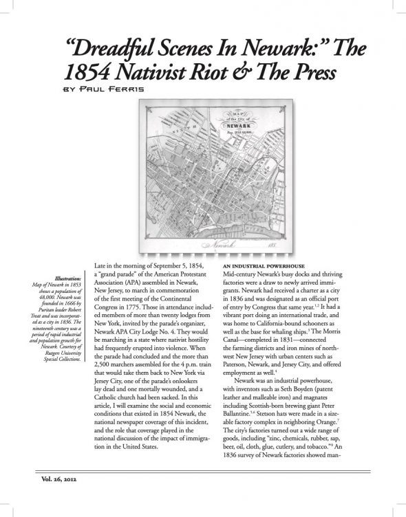Page 1 of article: " Dreadful Scenes in Newark - The 1854 Nativist Riot", from Volume V26 of the New York Irish History Roundtable Journal