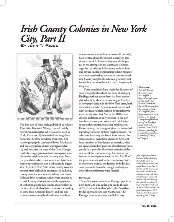 Page 1 of article: " Irish County Colonies in New York City, Part II", from Volume V26 of the New York Irish History Roundtable Journal