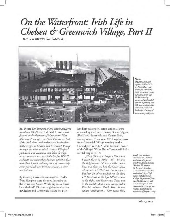 Page 1 of article: " On the Waterfront - Irish Life in Chelsea & Greenwich Village, Part II", from Volume V27 of the New York Irish History Roundtable Journal