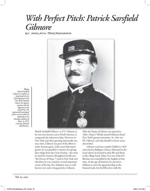 Page 1 of article: " With Perfect Pitch - Patrick Sarsfield Gilmore", from Volume V27 of the New York Irish History Roundtable Journal
