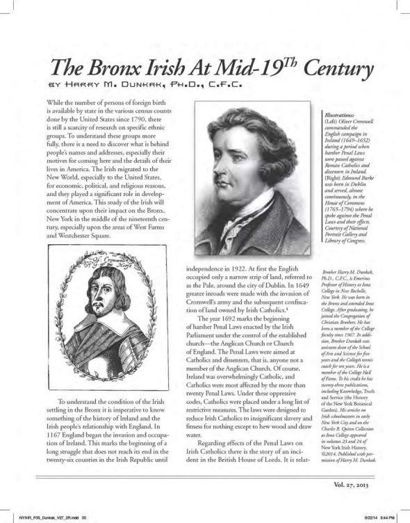 Page 1 of article: " The Bronx Irish At Mid-19th Century", from Volume V27 of the New York Irish History Roundtable Journal