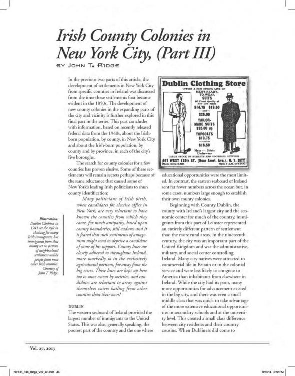 Page 1 of article: " Irish County Colonies in New York City, (Part III)", from Volume V27 of the New York Irish History Roundtable Journal