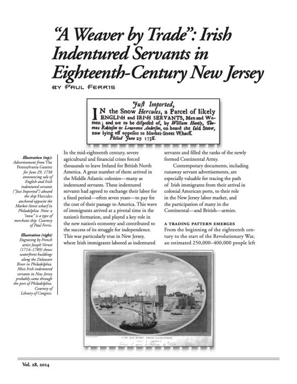 Page 1 of article: " A Weaver by Trade - Irish Indentured Servants in Eighteenth-Century New Jersey", from Volume V28 of the New York Irish History Roundtable Journal