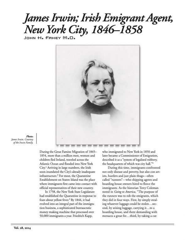 Page 1 of article: " James Irwin - Irish Emigrant Agent, New York City, 1846–1858", from Volume V28 of the New York Irish History Roundtable Journal