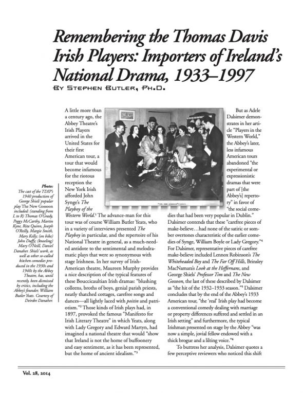 Page 1 of article: " Remembering the Thomas Davis Irish Players - Importers of Irelands National Drama, 1933–1997", from Volume V28 of the New York Irish History Roundtable Journal