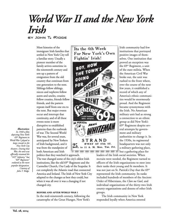 Page 1 of article: " World War II and the New York Irish", from Volume V28 of the New York Irish History Roundtable Journal