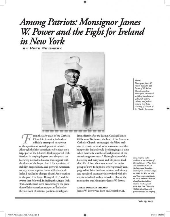 Page 1 of article: " Among Patriots - Monsignor James W. Power and the Fight for Ireland in New York", from Volume V29 of the New York Irish History Roundtable Journal