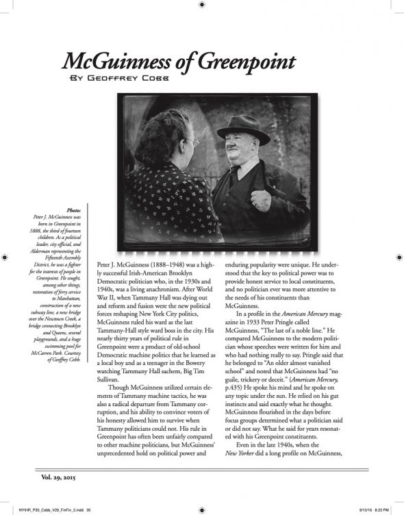Page 1 of article: " McGuinness of Greenpoint", from Volume V29 of the New York Irish History Roundtable Journal