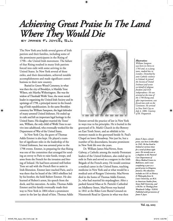 Page 1 of article: " Achieving Great Praise in the Land Where They Would Die", from Volume V29 of the New York Irish History Roundtable Journal