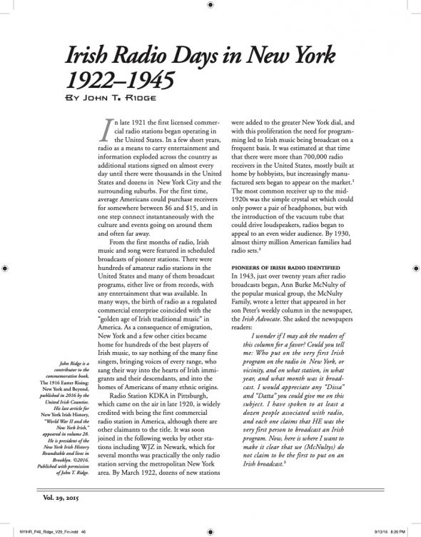 Page 1 of article: " Irish Radio Days in New York 1922–1945", from Volume V29 of the New York Irish History Roundtable Journal