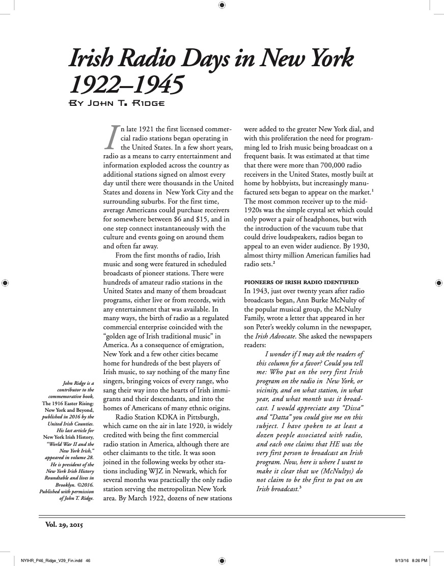 Irish Radio Days in New York 19221945 by John T. Ridge Article