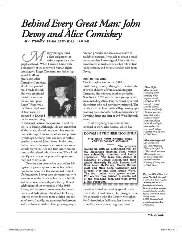 Page 1 of article: " Behind Every Great Man - John Devoy and Alice Comiskey", from Volume V30 of the New York Irish History Roundtable Journal