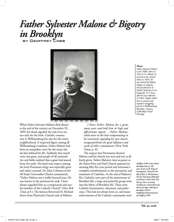 Page 1 of article: " Father Sylvester Malone and Bigotry in Brooklyn", from Volume V30 of the New York Irish History Roundtable Journal