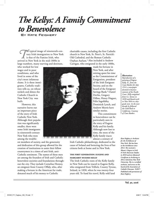 Page 1 of article: " The Kellys - A Family Commitment to Benevolence", from Volume V30 of the New York Irish History Roundtable Journal