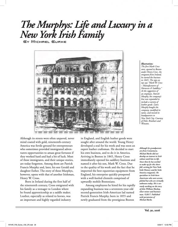 Page 1 of article: " The Murphys - Life and Luxury in a New York Irish Family", from Volume V30 of the New York Irish History Roundtable Journal