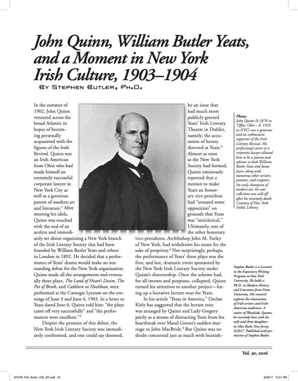 Page 1 of article: " John Quinn, William Butler Yeats, and a Moment in New York Irish Culture, 1903–1904", from Volume V30 of the New York Irish History Roundtable Journal