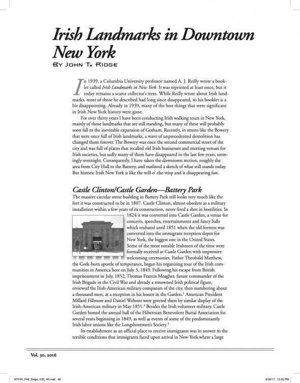 Page 1 of article: " Irish Landmarks in Downtown New York", from Volume V30 of the New York Irish History Roundtable Journal