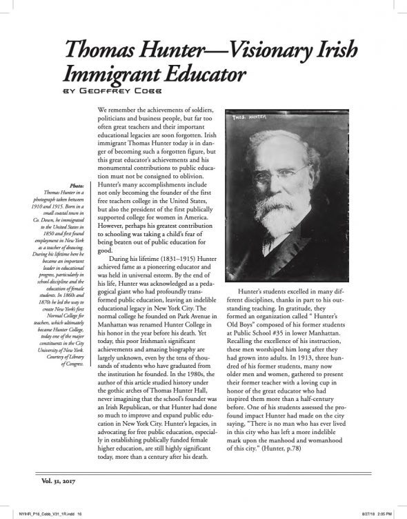Page 1 of article: " Thomas Hunter—Visionary Irish Immigrant Educator", from Volume V31 of the New York Irish History Roundtable Journal