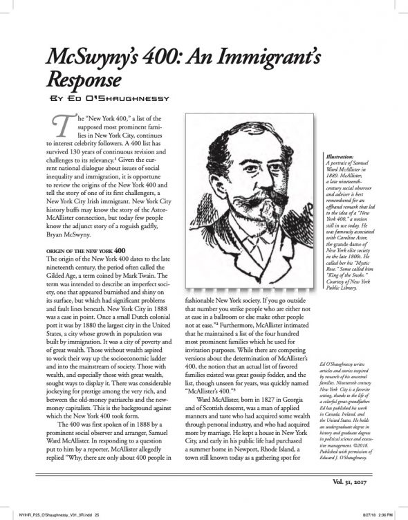 Page 1 of article: " McSwyny’s 400 - An Immigrant’s Response", from Volume V31 of the New York Irish History Roundtable Journal