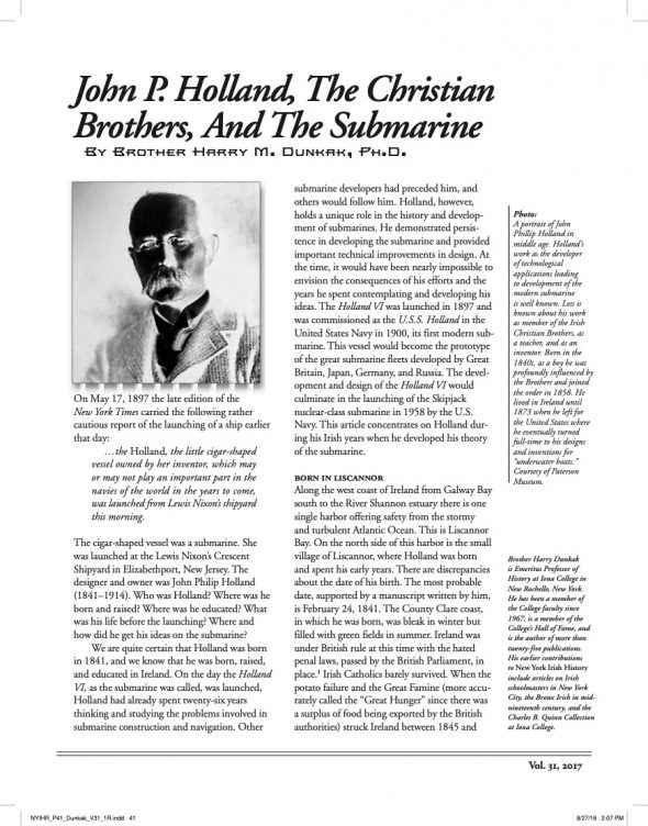 Page 1 of article: " John P. Holland, The Christian Brothers, and The Submarine", from Volume V31 of the New York Irish History Roundtable Journal