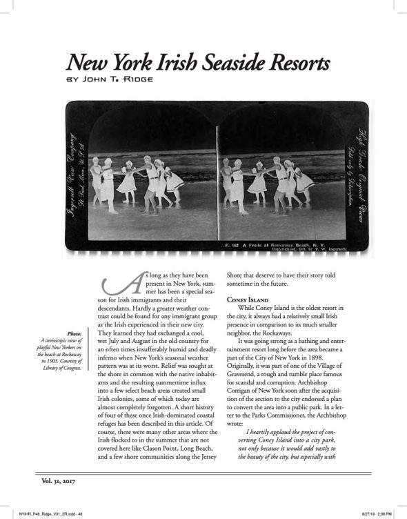 Page 1 of article: " New York Irish Seaside Resorts", from Volume V31 of the New York Irish History Roundtable Journal