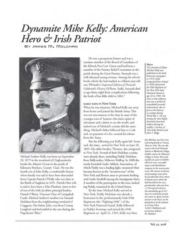 Page 1 of article: " Dynamite Mike Kelly - American Hero & Irish Patriot", from Volume V32 of the New York Irish History Roundtable Journal