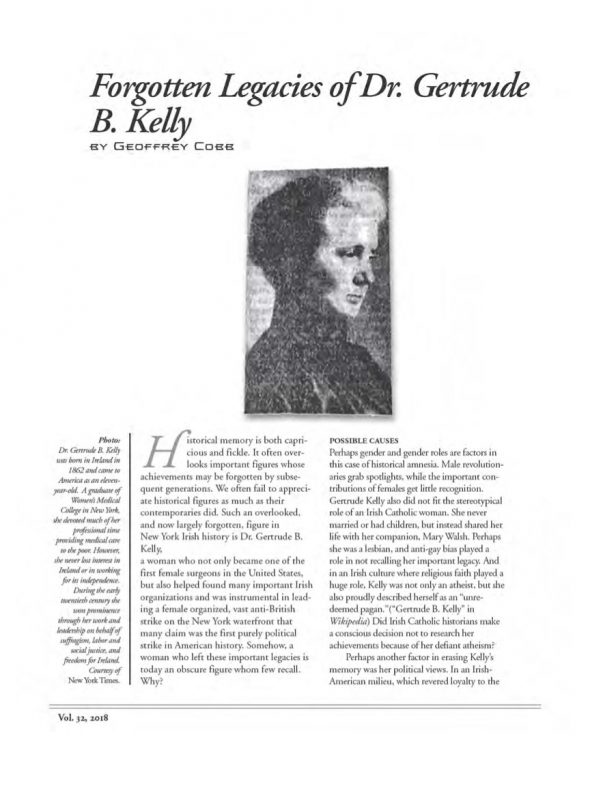 Page 1 of article: " Forgotten Legacies of Dr. Gertrude B. Kelly", from Volume V32 of the New York Irish History Roundtable Journal