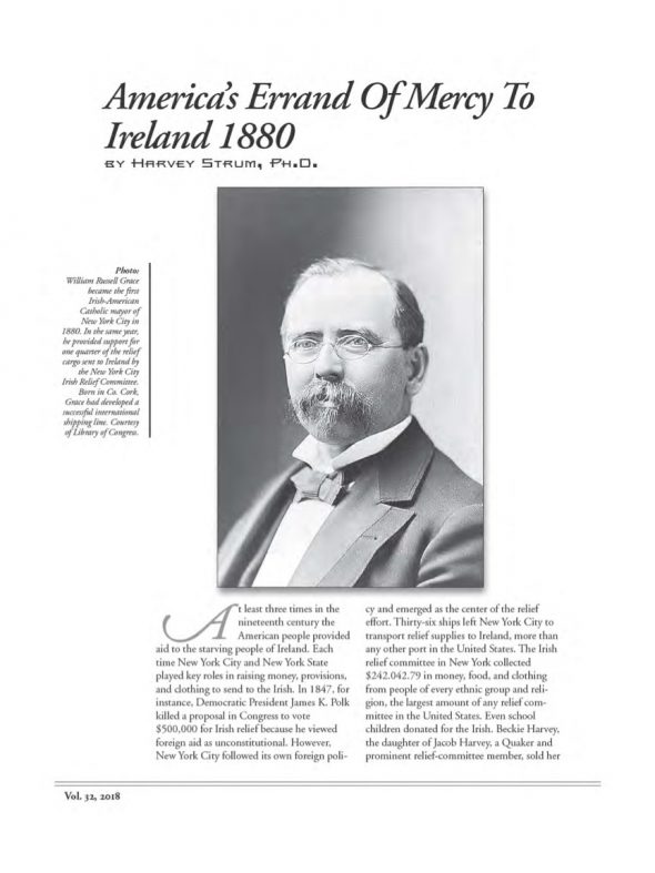 Page 1 of article: " America’s Errand of Mercy to Ireland 1880", from Volume V32 of the New York Irish History Roundtable Journal