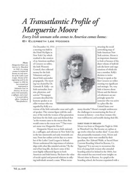 Page 1 of article: " A Transatlantic Profile of Marguerite Moore", from Volume V32 of the New York Irish History Roundtable Journal