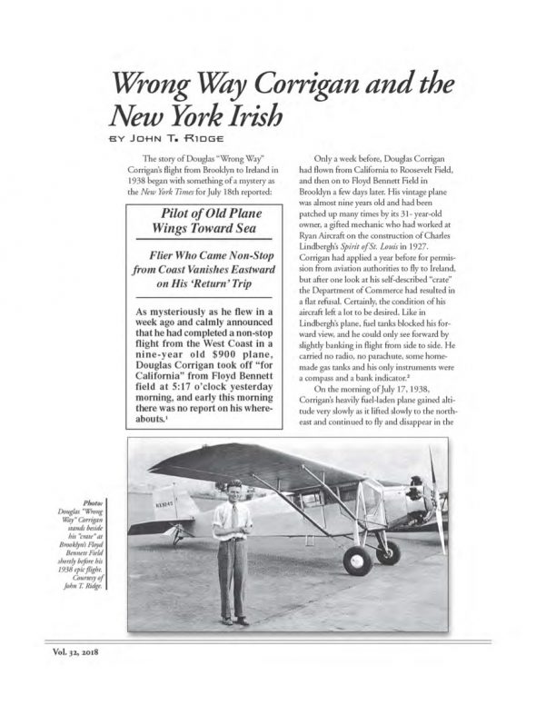 Page 1 of article: " Wrong Way Corrigan and the New York Irish", from Volume V32 of the New York Irish History Roundtable Journal