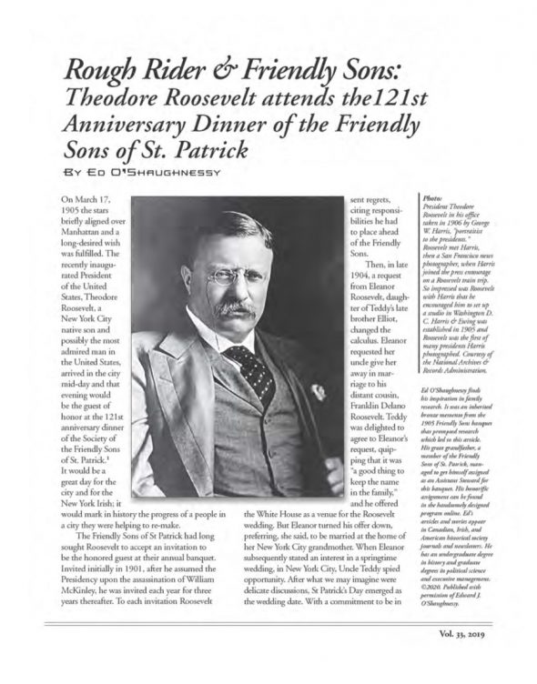 Page 1 of article: " Rough Rider & Friendly Sons - Theodore Roosevelt Attends the 121st Anniversary Dinner of the Friendly Sons of St. Patrick", from Volume V33 of the New York Irish History Roundtable Journal