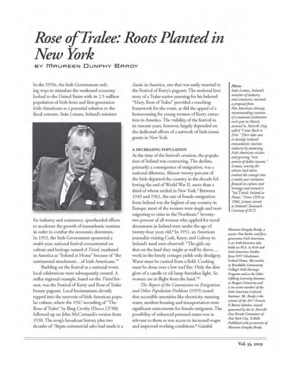 Page 1 of article: " Rose of Tralee - Roots Planted in New York", from Volume V33 of the New York Irish History Roundtable Journal