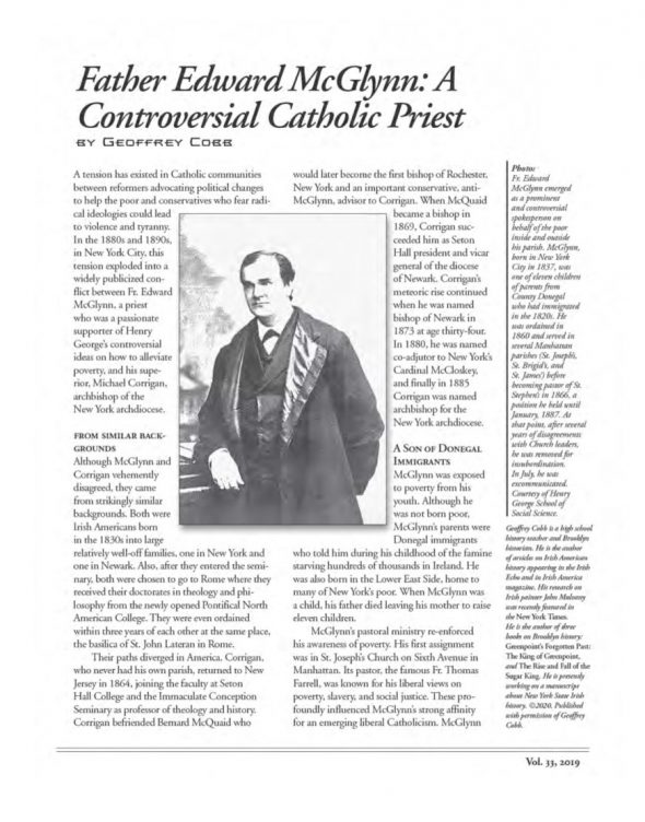 Page 1 of article: " Father Edward McGlynn - A Controversial Catholic Priest", from Volume V33 of the New York Irish History Roundtable Journal