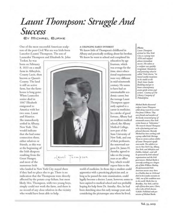Page 1 of article: " Launt Thompson - Struggle and Success", from Volume V33 of the New York Irish History Roundtable Journal