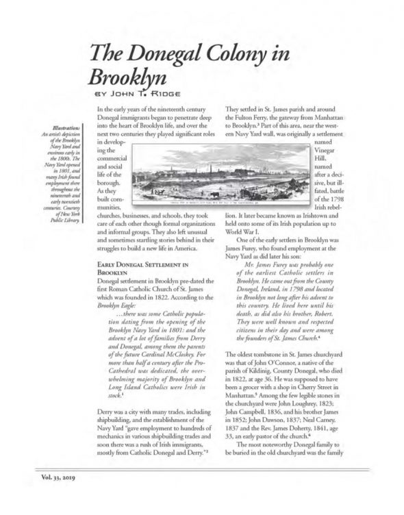 Page 1 of article: " The Donegal Colony in Brooklyn", from Volume V33 of the New York Irish History Roundtable Journal