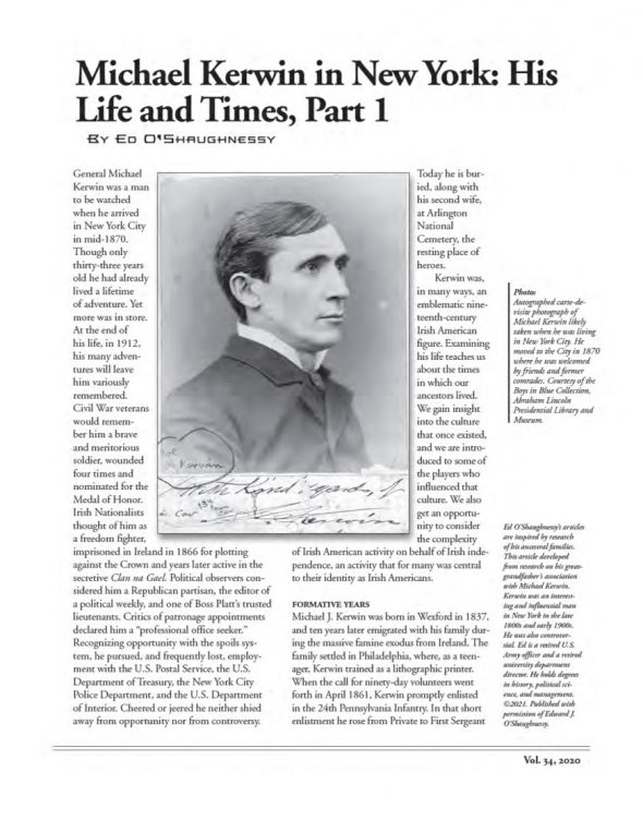 Page 1 of article: " Michael Kerwin in New York - His Life and Times, Part I", from Volume V34 of the New York Irish History Roundtable Journal
