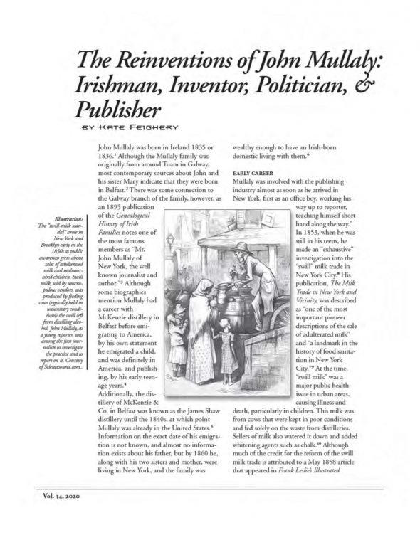 Page 1 of article: " The Reinventions of John Mullaly - Irishman, Inventor, Politician, & Publisher", from Volume V34 of the New York Irish History Roundtable Journal